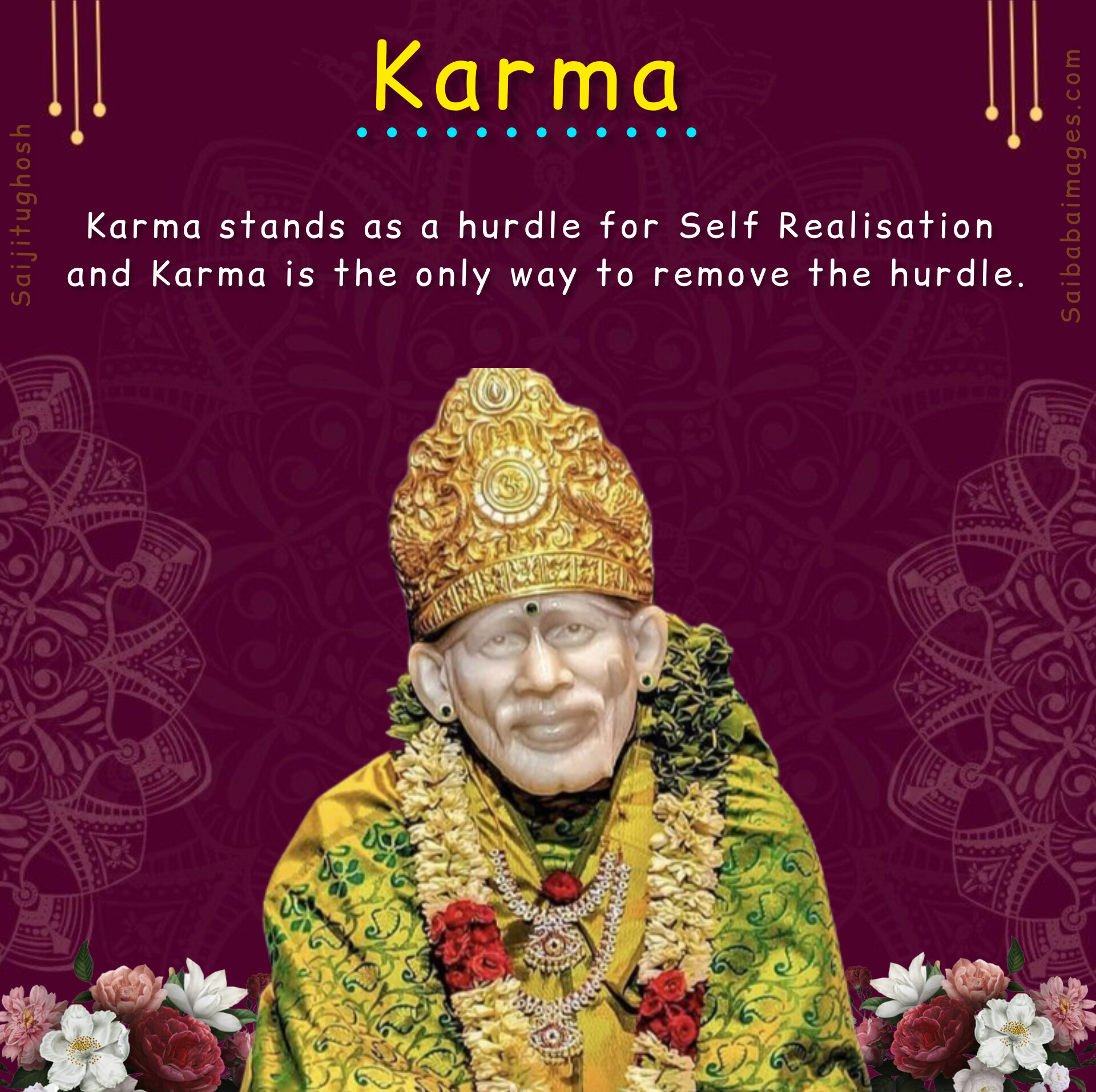 Sai Baba Idol Photo with flowers in purple background