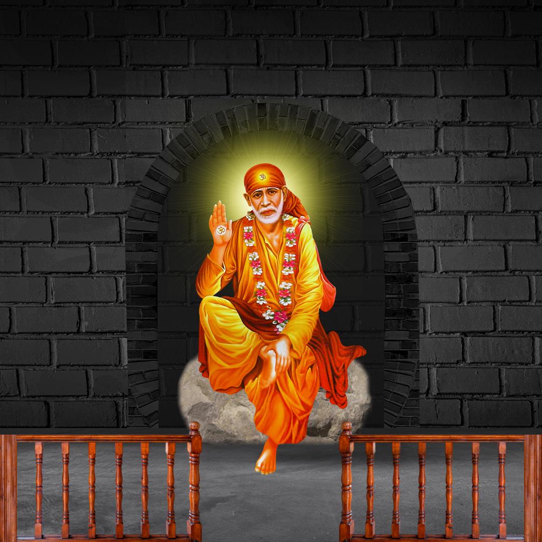 Sai Baba Pic for free download - Sai Baba sitting on stone in Dwarkamai with blessing hand