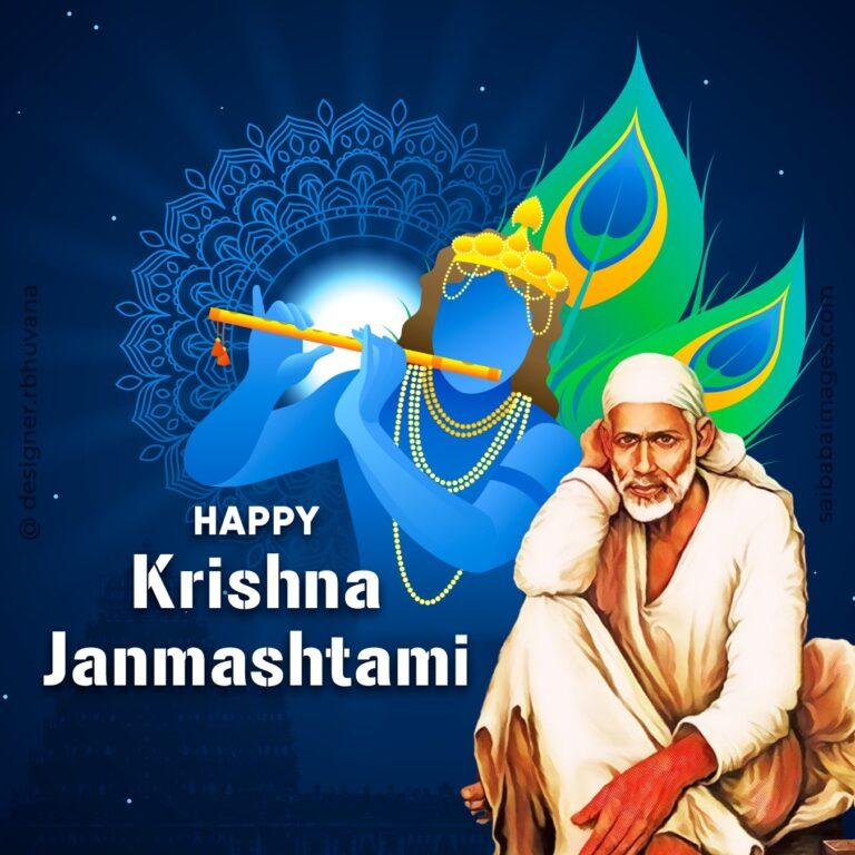Sai Baba with compassionate eyes sitting and looking at you, Lord Krishna silhouette with peacock feather and flute in blue color