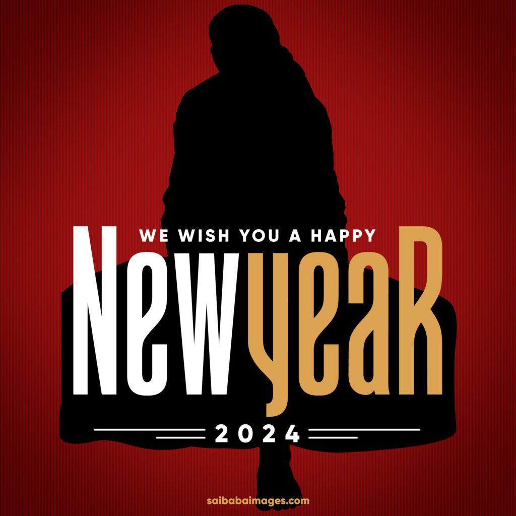 New Year Wishes and Greetings for 2024 with silhouette of Shirdi Sai Baba