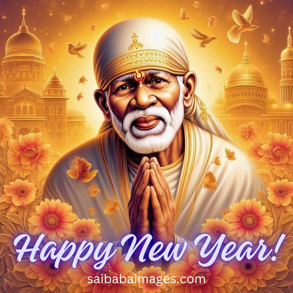 Sai Baba wishing Happy New Year with compassionate eyes