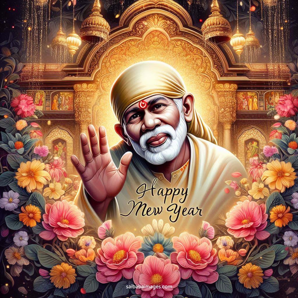 Sai Baba wishing Happy New year with a blessing hand and smiling face