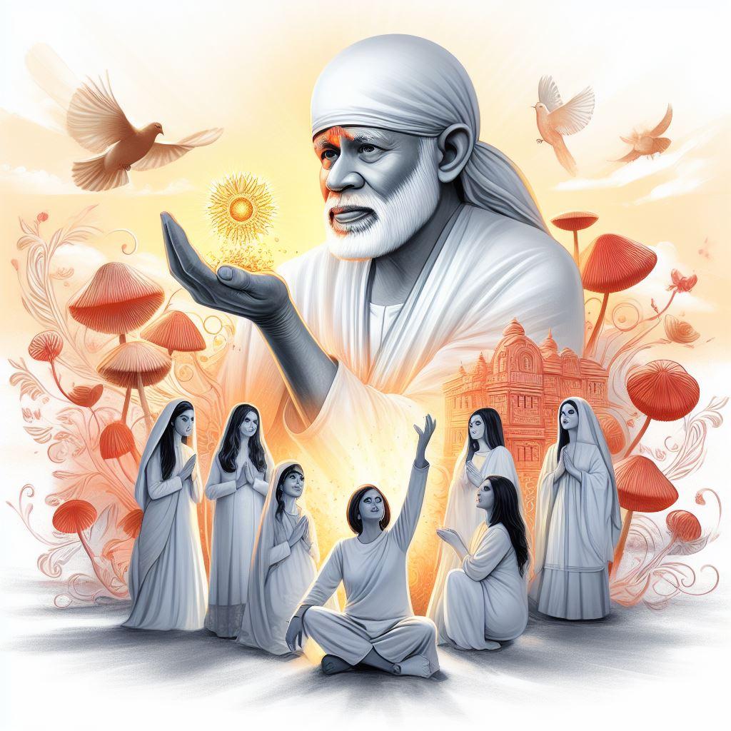 Shirdi Sai Baba in White Kafni supporting women empowerment with white pigeons in background symbolizing justice and peace in the lives of all